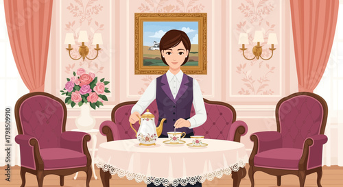 Elegance and hospitality: Illustration of woman serving tea in luxurious setting