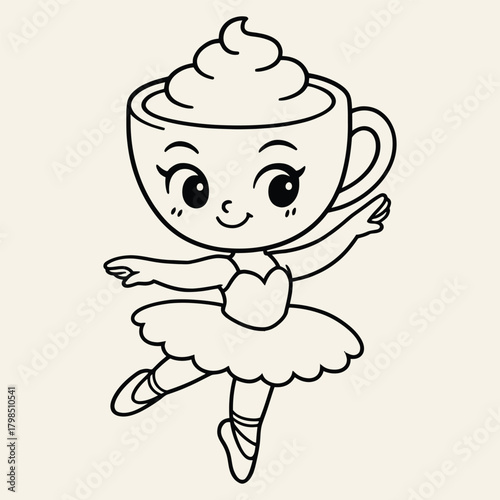 Whipped Cream Cup Ballerina Character  Heart Bodice, Tutu, Ballet Pose Black Line Art Cartoon Illustration
