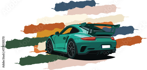 Green Sports Car Illustration – Modern Rear View Supercar Vector with Colorful Brush Stroke Background