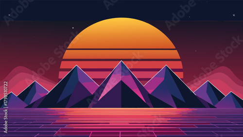 Vibrant retro sunset over stylized mountains and reflective water creates a nostalgic 80s synthwave landscape perfect for digital art and design projects.