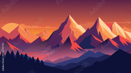 Stunning mountain range bathed in vibrant sunset hues, evoking adventure and natural beauty