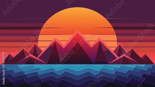 Vibrant retro sunset over geometric mountains reflects in stylized water creating a stunning, abstract landscape perfect for design.