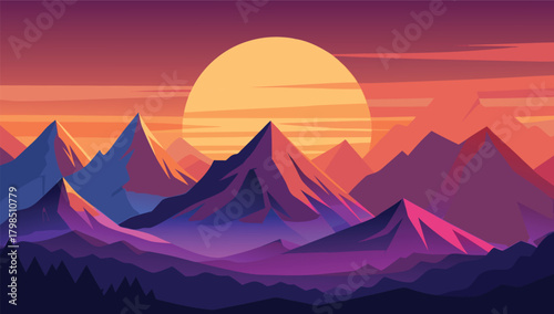 Vibrant mountain range bathed in the warm glow of a setting sun, showcasing majestic peaks against a gradient sky