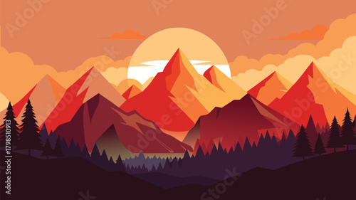 Vibrant sunset paints dramatic mountain peaks and evergreen forest with warm, glowing light, evoking adventure and natural beauty.