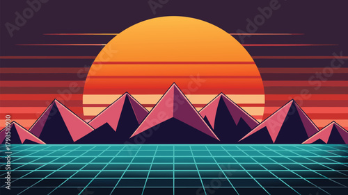 Retro synthwave sunset over geometric mountains and digital grid landscape, evoking 80s nostalgia and futuristic vibes for creative projects.