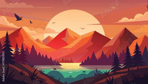 Stunning geometric mountain landscape at sunset with vibrant colors and tranquil lake, evoking adventure and serenity
