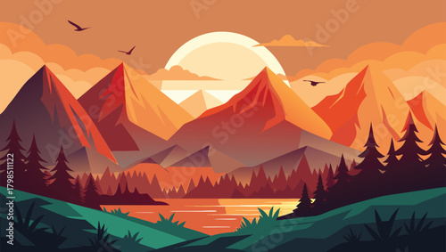 Stunning mountain landscape at sunset with vibrant orange hues reflecting on a serene lake, evoking peace and adventure.