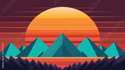 Vibrant retro sunset over jagged mountains and calm water creates a stunning, nostalgic landscape perfect for design projects