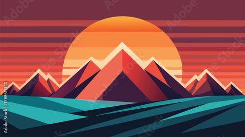 Stunning minimalist mountain landscape at sunset with vibrant geometric shapes and bold colors, evoking tranquility and adventure.