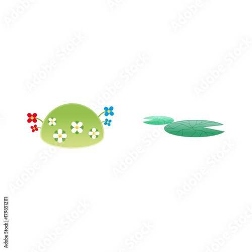 Illustrative depiction of aquatic flora Lily pads and flowering shrubbery against a pristine white backdrop