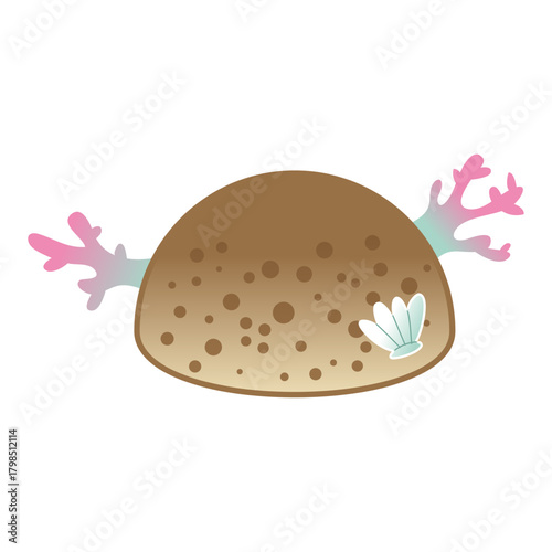 A cute cartoon illustration of an underwater seabed rock with colorful coral and a seashell