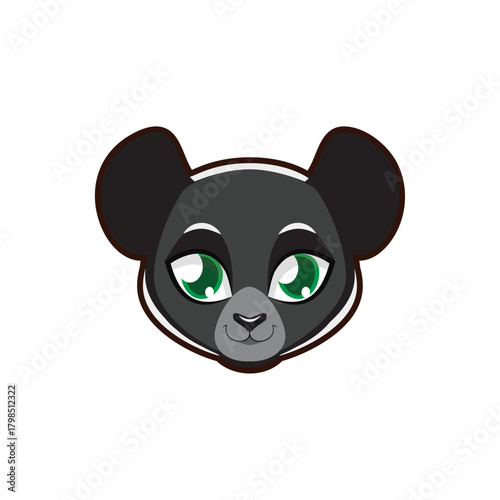 Cute cartoon black bear cub with big green eyes, friendly and adorable animal illustration