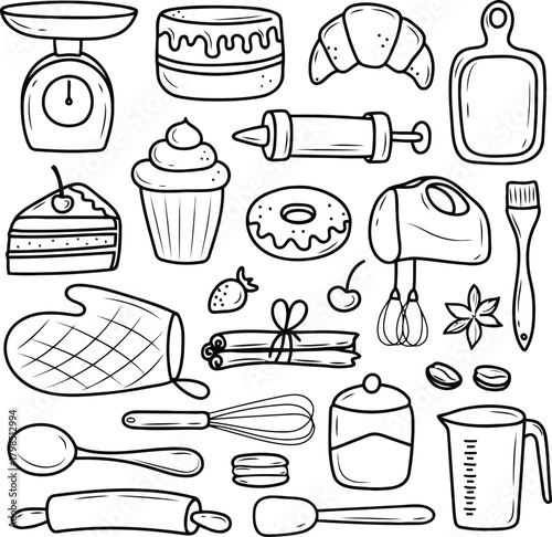 Baking Tools and Ingredients Icon Set  Cake, Mixer, Rolling Pin, Cupcake, Cinnamon  Black Line Art Kitchen Illustration