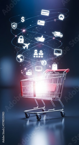 A shopping cart with digital icons representing online shopping, security, delivery, and payment methods floating above it in a futuristic style