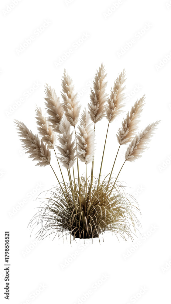 Fototapeta premium Fluffy pampas grass plant isolated on a clean white background showcasing its delicate plumes.