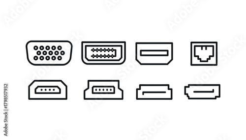 Computer Connectors and Port Receptacles Outline Icon Set: VGA, DVI, USB, Ethernet LAN, HDMI, DisplayPort, and Audio Jack Symbols for PC Hardware