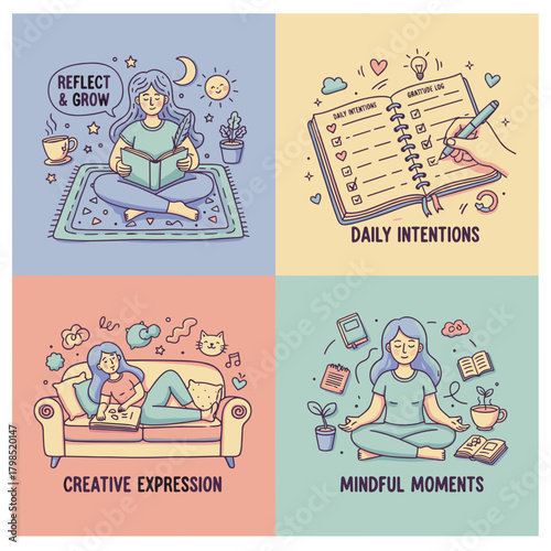 Four illustrated concepts for mental wellness daily intentions creativity reflection and mindful meditation