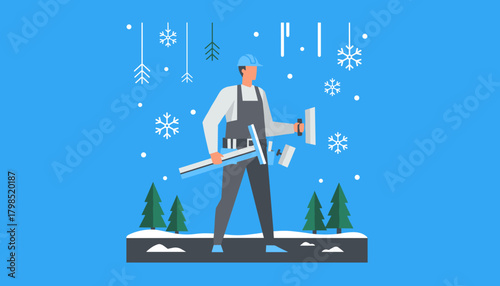 Construction worker holding tools in snowy winter landscape Seasonal building maintenance