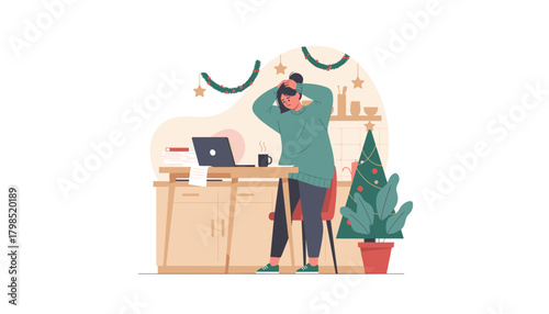 Stressed woman working on her laptop in a decorated home kitchen during the busy Christmas season
