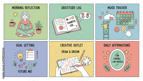 Selfcare and personal development steps gratitude mood tracking goal setting and reflection