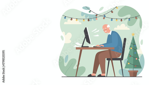 Elderly man struggles with work on a computer during Christmas holiday workload stress and burnout