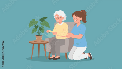 Home healthcare Caregiver assists smiling senior woman with watering a houseplant