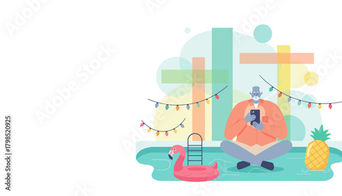 Senior man using smartphone by a festive pool with flamingo float and pineapple Summer digital life