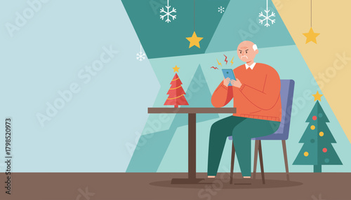Frustrated senior man using smartphone with bad signal during Christmas holidays Tech stress