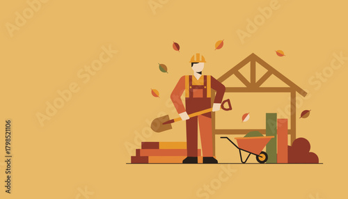 Hard working builder with shovel and wheelbarrow at an autumn construction site