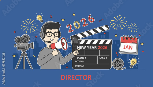 Director plans 2026 film project with clapperboard and camera on New Years Eve