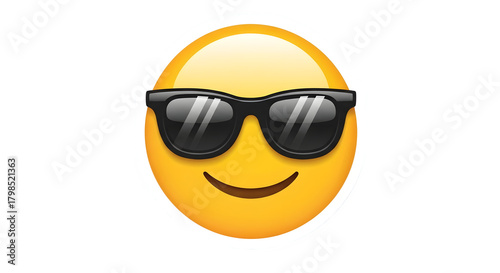 Yellow emoji face wearing cool black sunglasses with a happy smile isolated on transparent background