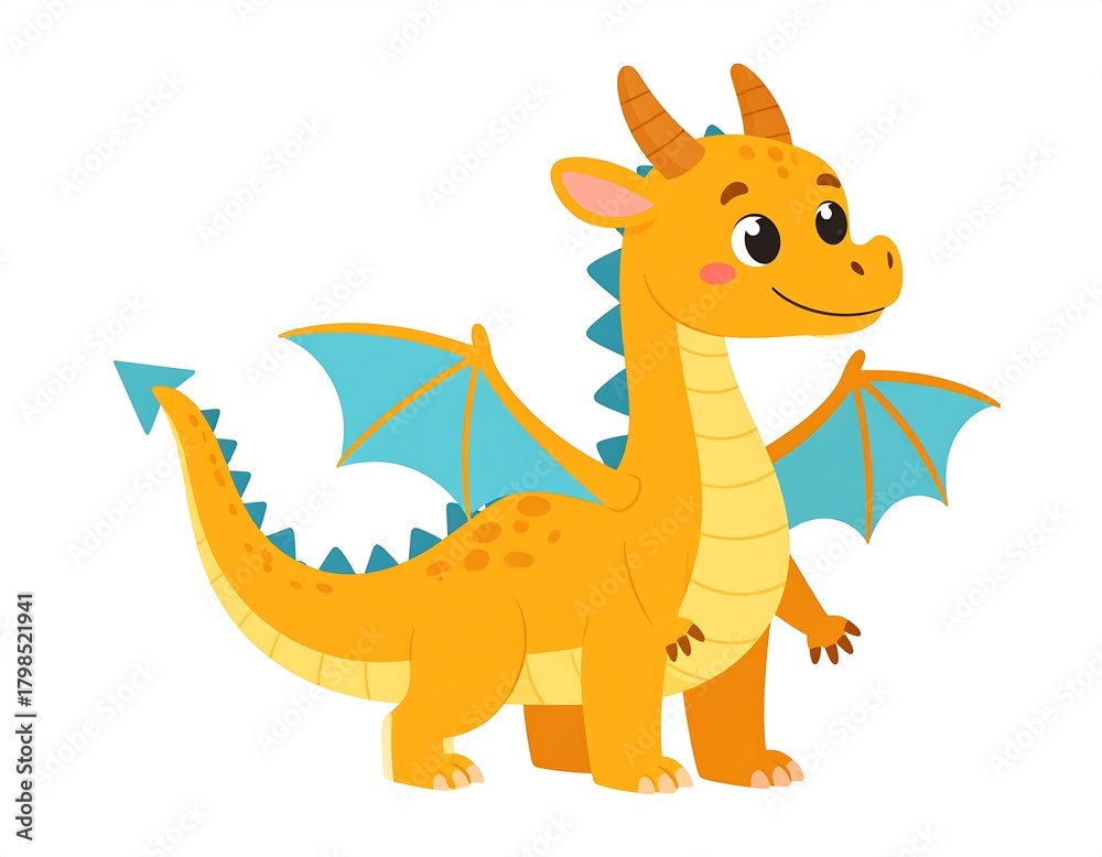 Naklejka premium A friendly cartoon dragon in orange and blue colors, standing on a white background