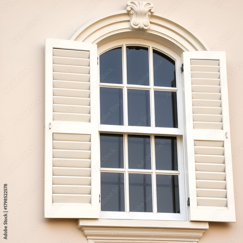 Fototapeta premium Window with carving architraves and closed shutters.