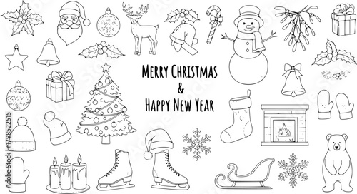 Festive Christmas  New Year Doodle Set: Hand-Drawn Holiday Icons