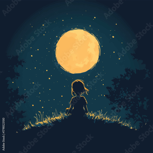 A child gazing at the glowing moon, lost in thought under the starry night sky, vector style simple color