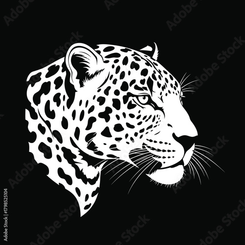 Stylized black and white illustration of a leopards head
