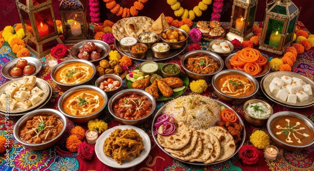 Fototapeta premium Festive Indian Cuisine - A Colorful Culinary Feast.