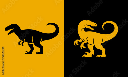 Silhouette of a fierce tyrannosaurus rex dinosaur in black and gold on a split background