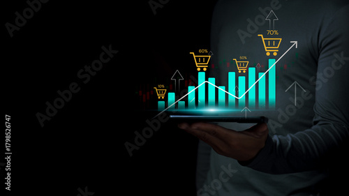 Businessmen are showing continuous growth of the Ecommerce market with an increasing percentage, the concept of online shopping and express delivery system, and online marketing.