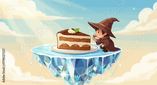 Enchanting pastry scene featuring a wizard and floating island cake creation