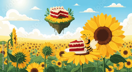 Fantasy landscape with sunflowers, delicious cakes and happy bee cartoon character