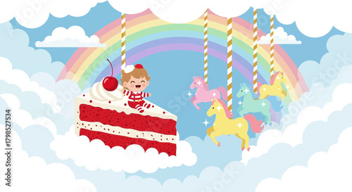 Whimsical fantasy landscape with a cake, a boy, carousel ponies and a rainbow