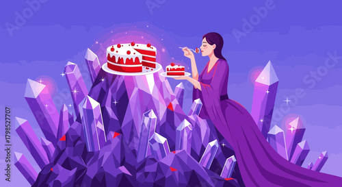 Elegant cake indulgence with crystal landscape, a fantasy dessert scenario