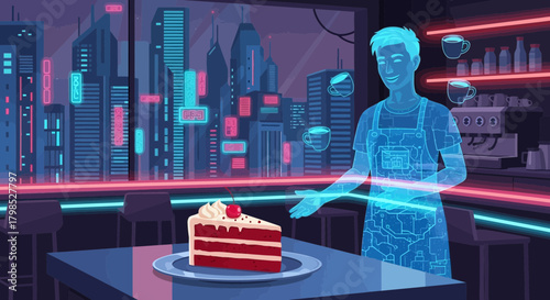 Digital Cafe Assistant Offering Cake Slice in Futuristic Urban Setting