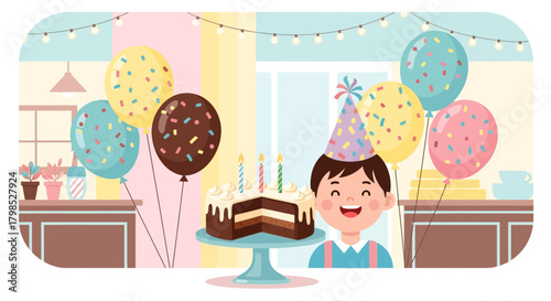 Cheerful birthday celebration with cake, balloons, and happy boy cartoon