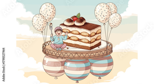 Whimsical tiramisu celebration with a child floating on a balloon-powered platform