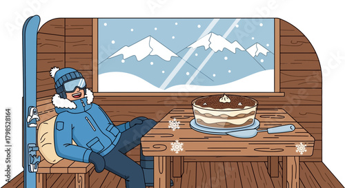 Cozy retreat illustration: Skier unwinding with cake in a mountain cabin after slopes