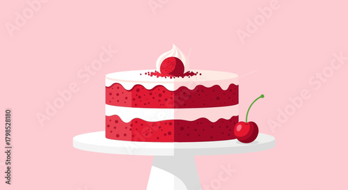 Delightful layered red velvet cake with cherry on a pink background dessert