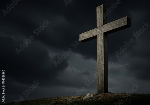 A rugged, heavy wooden cross stands against a dark, dramatic sky, symbolizing ultimate sacrifice and profound suffering, ancient, suffering, desolate