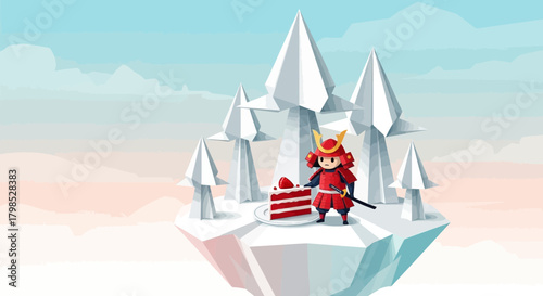 Stylized samurai figure enjoying cake on a floating island in a serene landscape